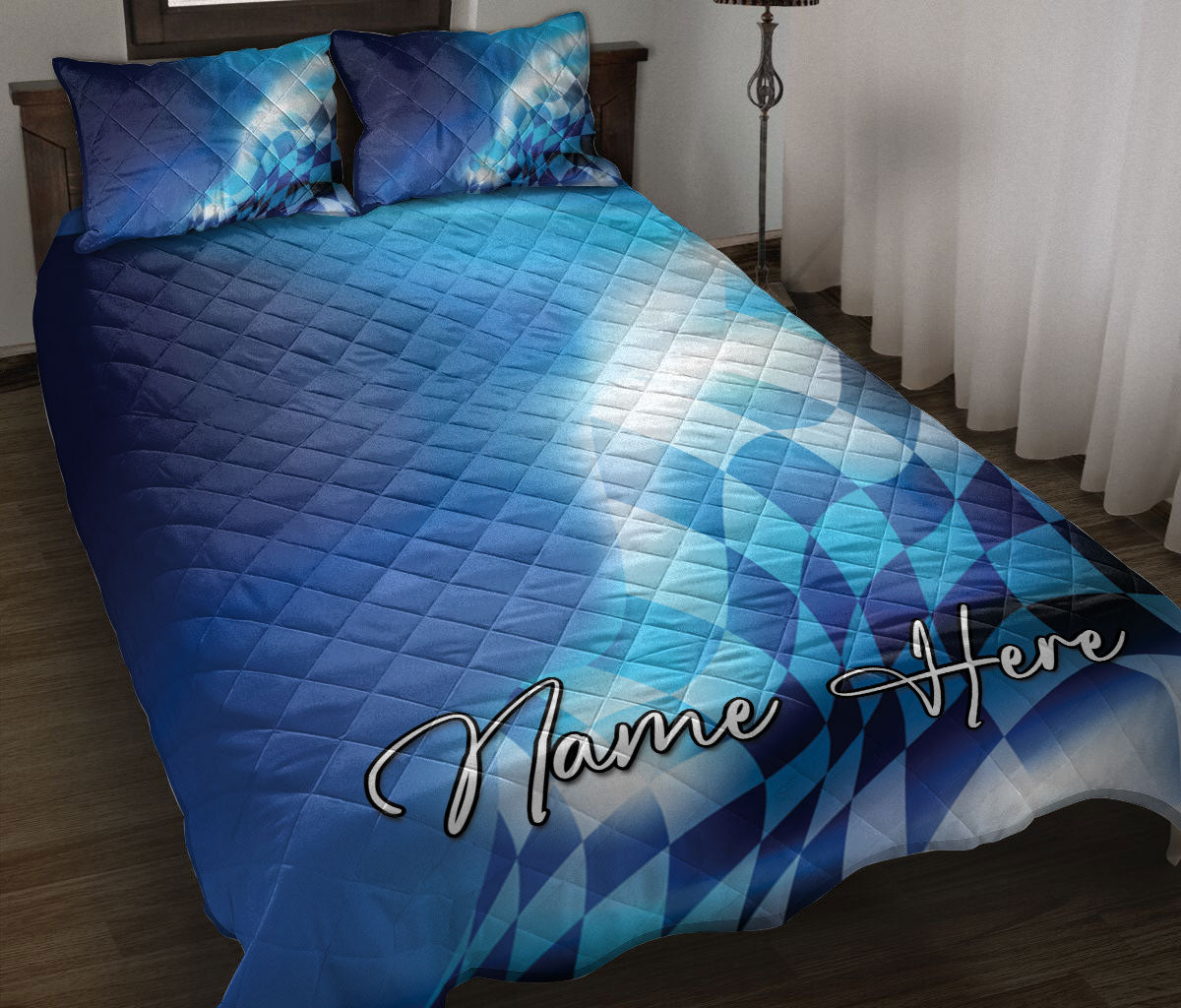 Ohaprints-Quilt-Bed-Set-Pillowcase-Racing-Checkered-Flag-Blue-Race-Custom-Personalized-Name-Blanket-Bedspread-Bedding-3331-Throw (55'' x 60'')