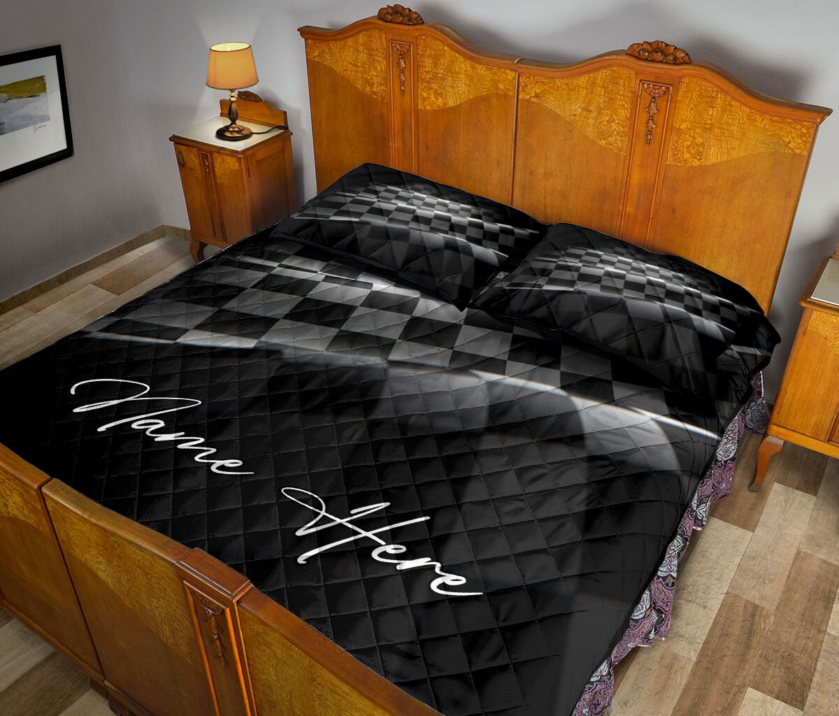 Ohaprints-Quilt-Bed-Set-Pillowcase-Racing-Checkered-Flag-Wave-Custom-Personalized-Name-Blanket-Bedspread-Bedding-3338-King (90'' x 100'')