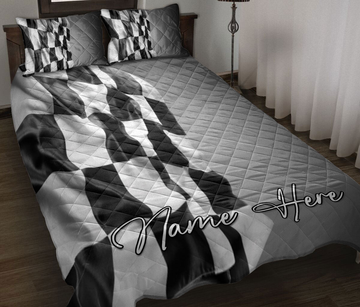 Ohaprints-Quilt-Bed-Set-Pillowcase-Racing-Checkered-Black-And-White-Flag-Custom-Personalized-Name-Blanket-Bedspread-Bedding-3343-Throw (55'' x 60'')