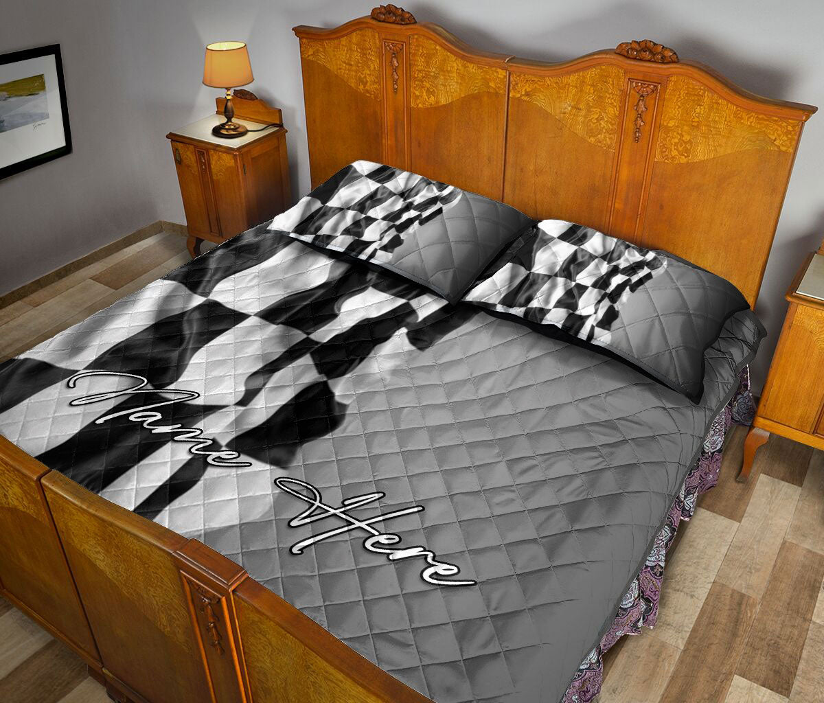 Ohaprints-Quilt-Bed-Set-Pillowcase-Racing-Checkered-Black-And-White-Flag-Custom-Personalized-Name-Blanket-Bedspread-Bedding-3343-King (90'' x 100'')