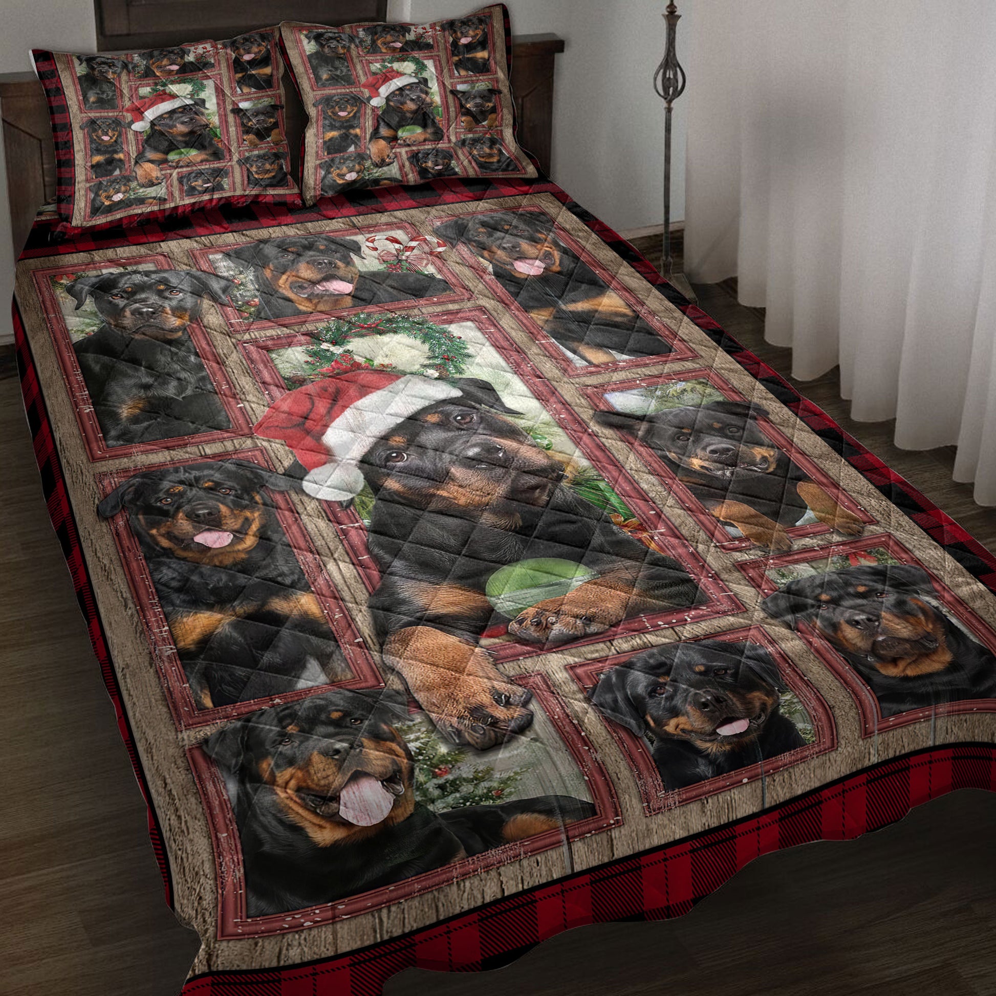 Ohaprints-Quilt-Bed-Set-Pillowcase-Rottweiler-Christmas-With-Santa-Hat-Patchwork-Window-Red-Blanket-Bedspread-Bedding-3842-Throw (55'' x 60'')