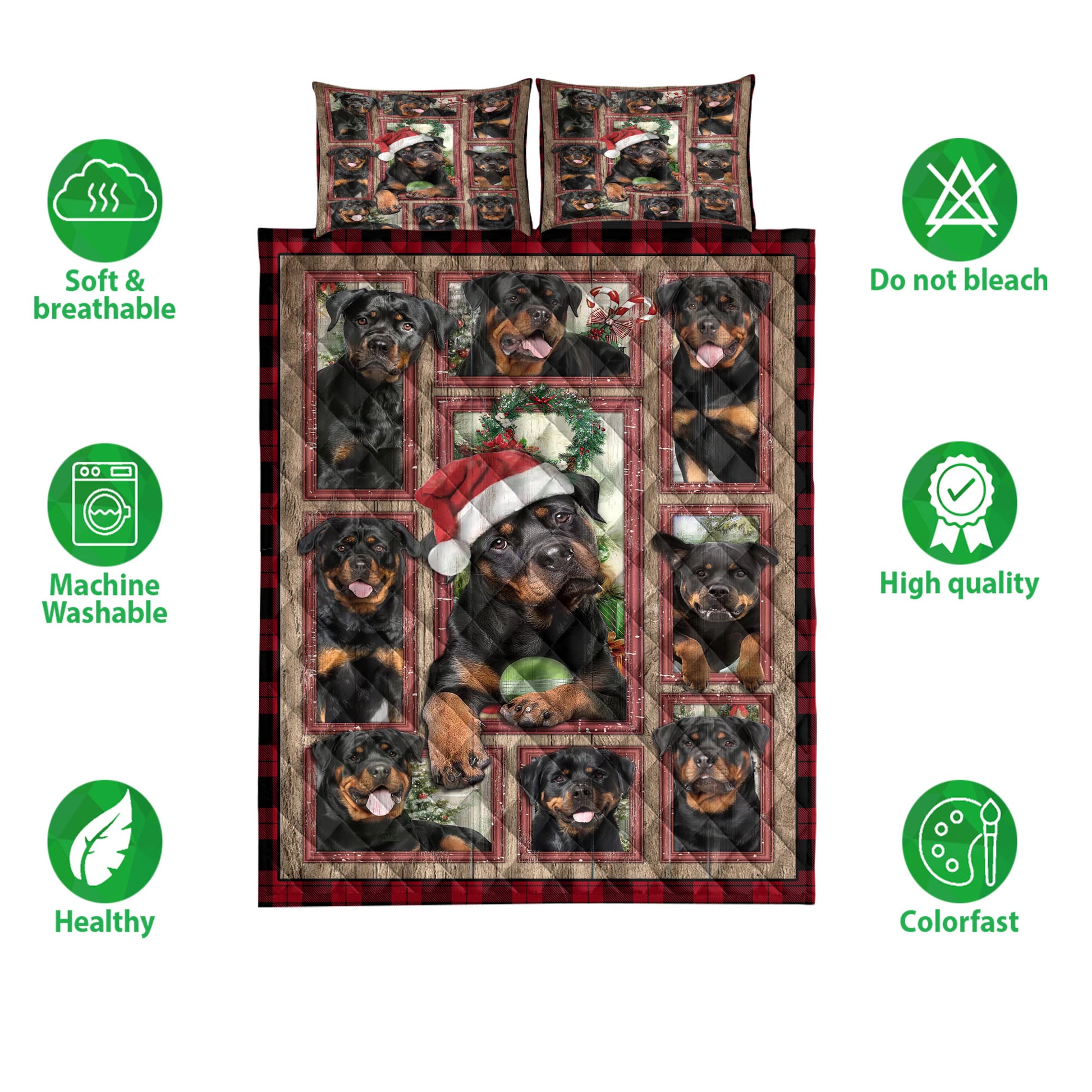 Ohaprints-Quilt-Bed-Set-Pillowcase-Rottweiler-Christmas-With-Santa-Hat-Patchwork-Window-Red-Blanket-Bedspread-Bedding-3842-Double (70'' x 80'')