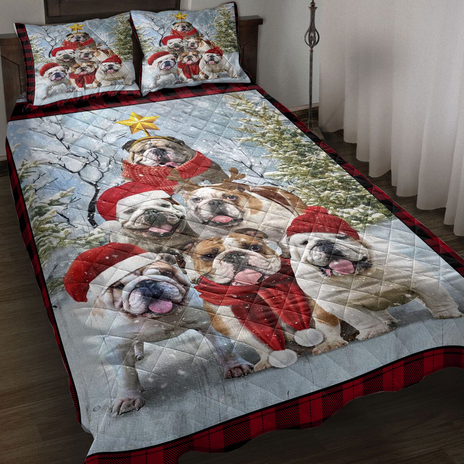 Ohaprints-Quilt-Bed-Set-Pillowcase-English-Bulldog-Christmas-Tree-With-Santa-Hat-Snowflake-Red-Blanket-Bedspread-Bedding-3843-Throw (55'' x 60'')