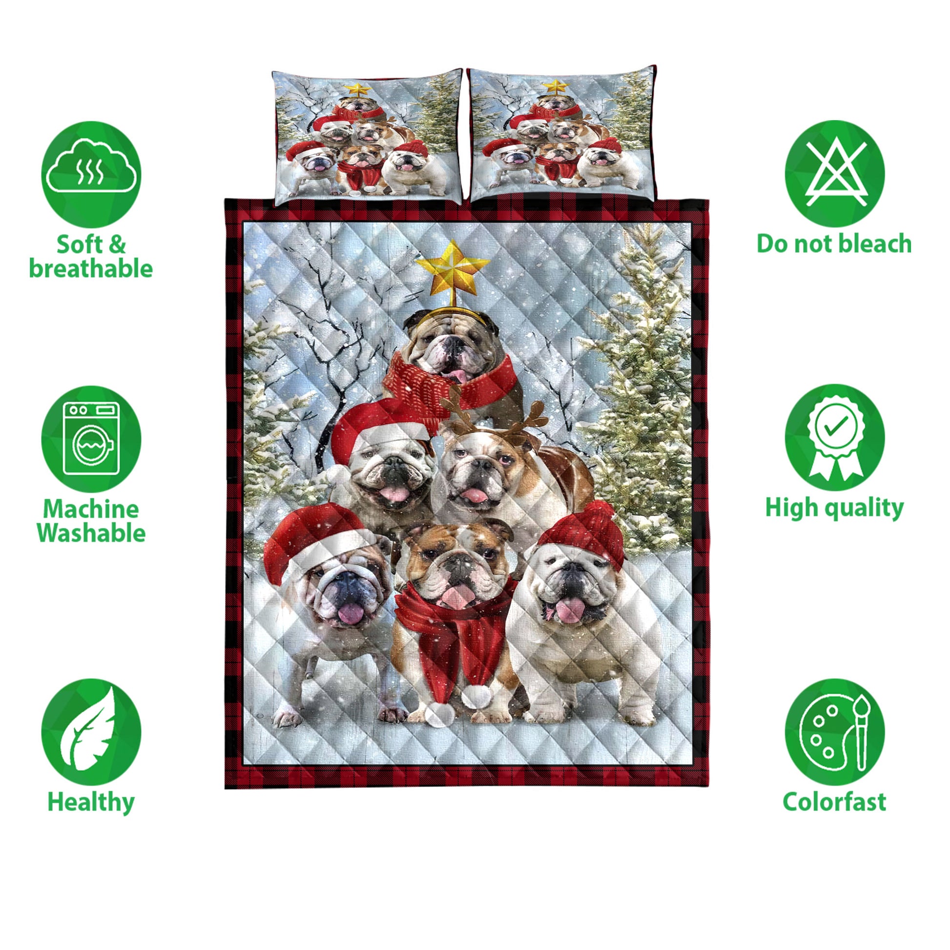 Ohaprints-Quilt-Bed-Set-Pillowcase-English-Bulldog-Christmas-Tree-With-Santa-Hat-Snowflake-Red-Blanket-Bedspread-Bedding-3843-Double (70'' x 80'')