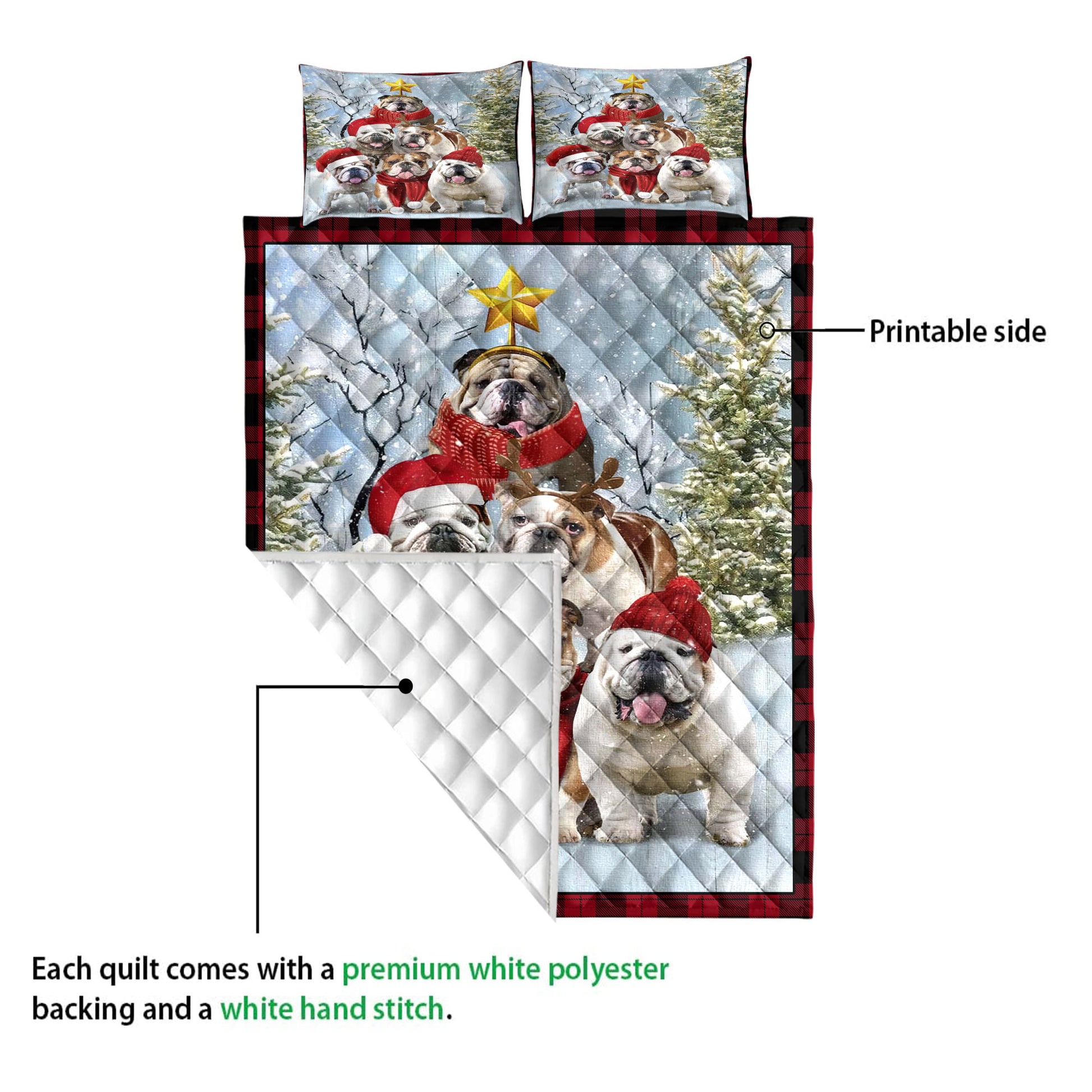 Ohaprints-Quilt-Bed-Set-Pillowcase-English-Bulldog-Christmas-Tree-With-Santa-Hat-Snowflake-Red-Blanket-Bedspread-Bedding-3843-Queen (80'' x 90'')