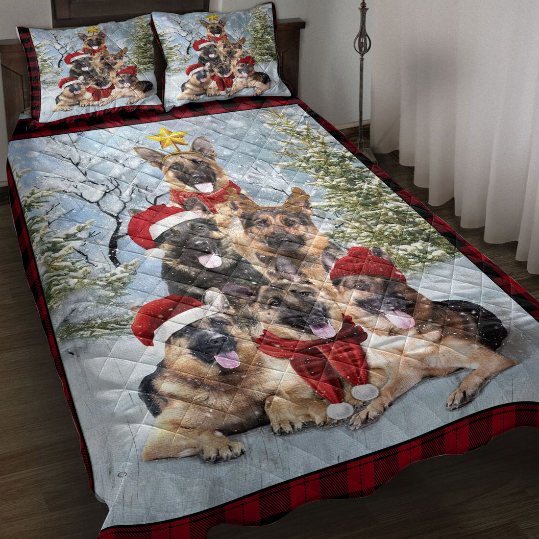 Ohaprints-Quilt-Bed-Set-Pillowcase-German-Shepherd-Christmas-Tree-With-Santa-Hat-Snowflake-Red-Blanket-Bedspread-Bedding-3844-Throw (55'' x 60'')