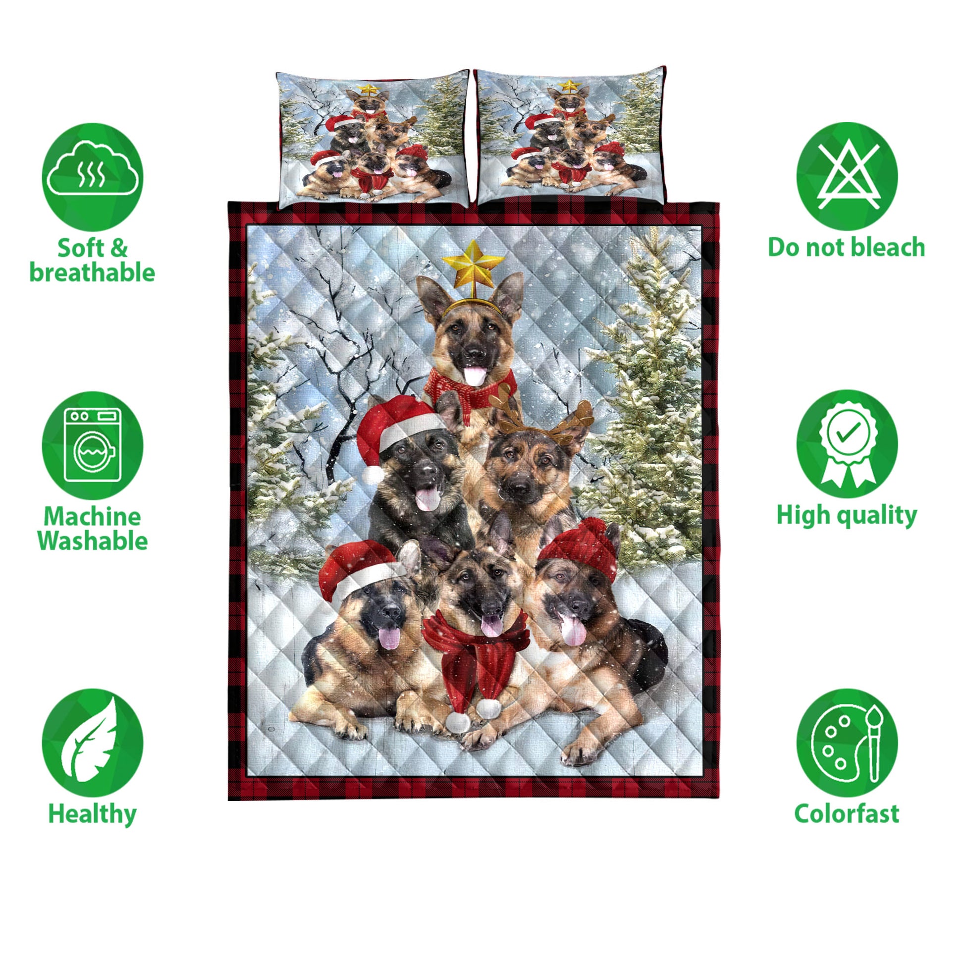 Ohaprints-Quilt-Bed-Set-Pillowcase-German-Shepherd-Christmas-Tree-With-Santa-Hat-Snowflake-Red-Blanket-Bedspread-Bedding-3844-Double (70'' x 80'')