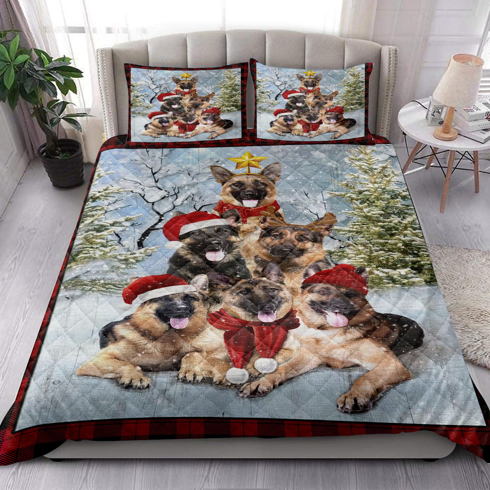 Ohaprints-Quilt-Bed-Set-Pillowcase-German-Shepherd-Christmas-Tree-With-Santa-Hat-Snowflake-Red-Blanket-Bedspread-Bedding-3844-King (90'' x 100'')