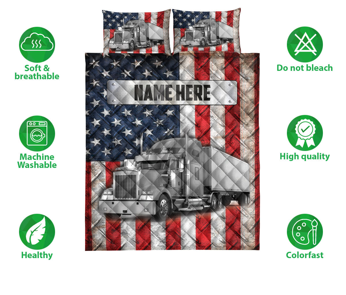 Ohaprints-Quilt-Bed-Set-Pillowcase-Silver-Trucker-Us-Flag-Truck-Driver-Gift-Custom-Personalized-Name-Blanket-Bedspread-Bedding-3576-Double (70'' x 80'')