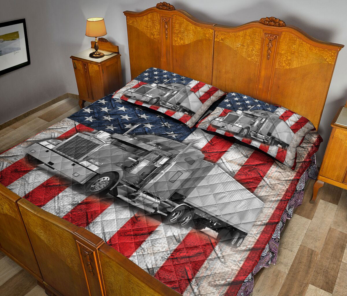 Ohaprints-Quilt-Bed-Set-Pillowcase-Silver-Trucker-Us-Flag-Truck-Driver-Gift-Custom-Personalized-Name-Blanket-Bedspread-Bedding-3576-King (90'' x 100'')