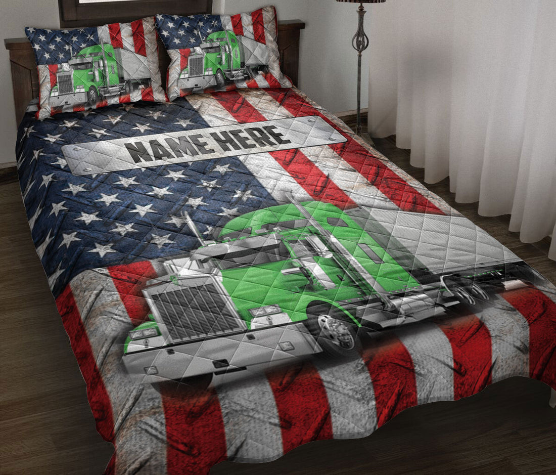 Ohaprints-Quilt-Bed-Set-Pillowcase-Green-Trucker-Us-Flag-Truck-Driver-Gift-Custom-Personalized-Name-Blanket-Bedspread-Bedding-3577-Throw (55'' x 60'')