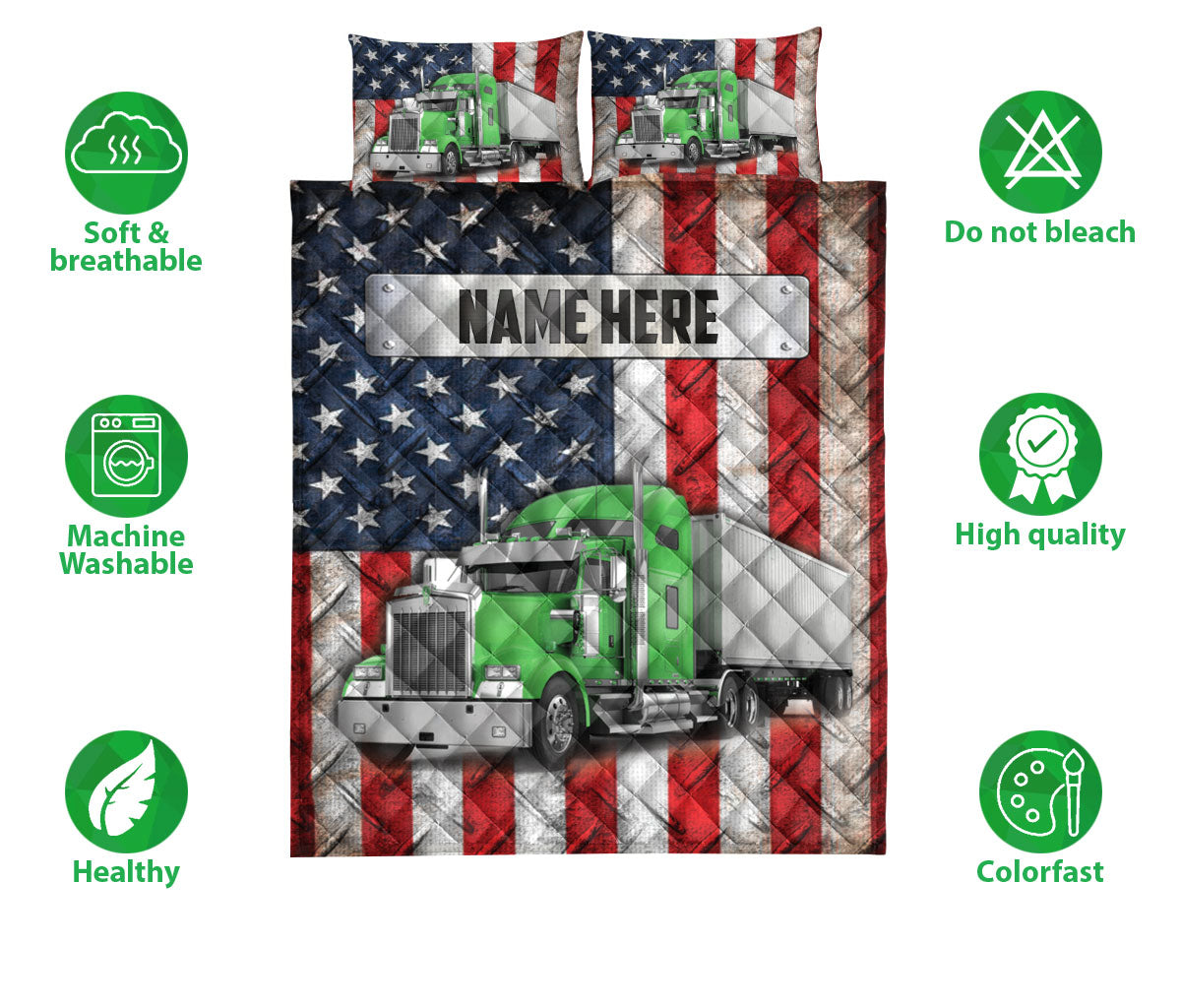 Ohaprints-Quilt-Bed-Set-Pillowcase-Green-Trucker-Us-Flag-Truck-Driver-Gift-Custom-Personalized-Name-Blanket-Bedspread-Bedding-3577-Double (70'' x 80'')