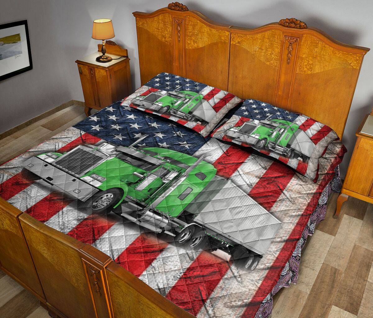 Ohaprints-Quilt-Bed-Set-Pillowcase-Green-Trucker-Us-Flag-Truck-Driver-Gift-Custom-Personalized-Name-Blanket-Bedspread-Bedding-3577-King (90'' x 100'')