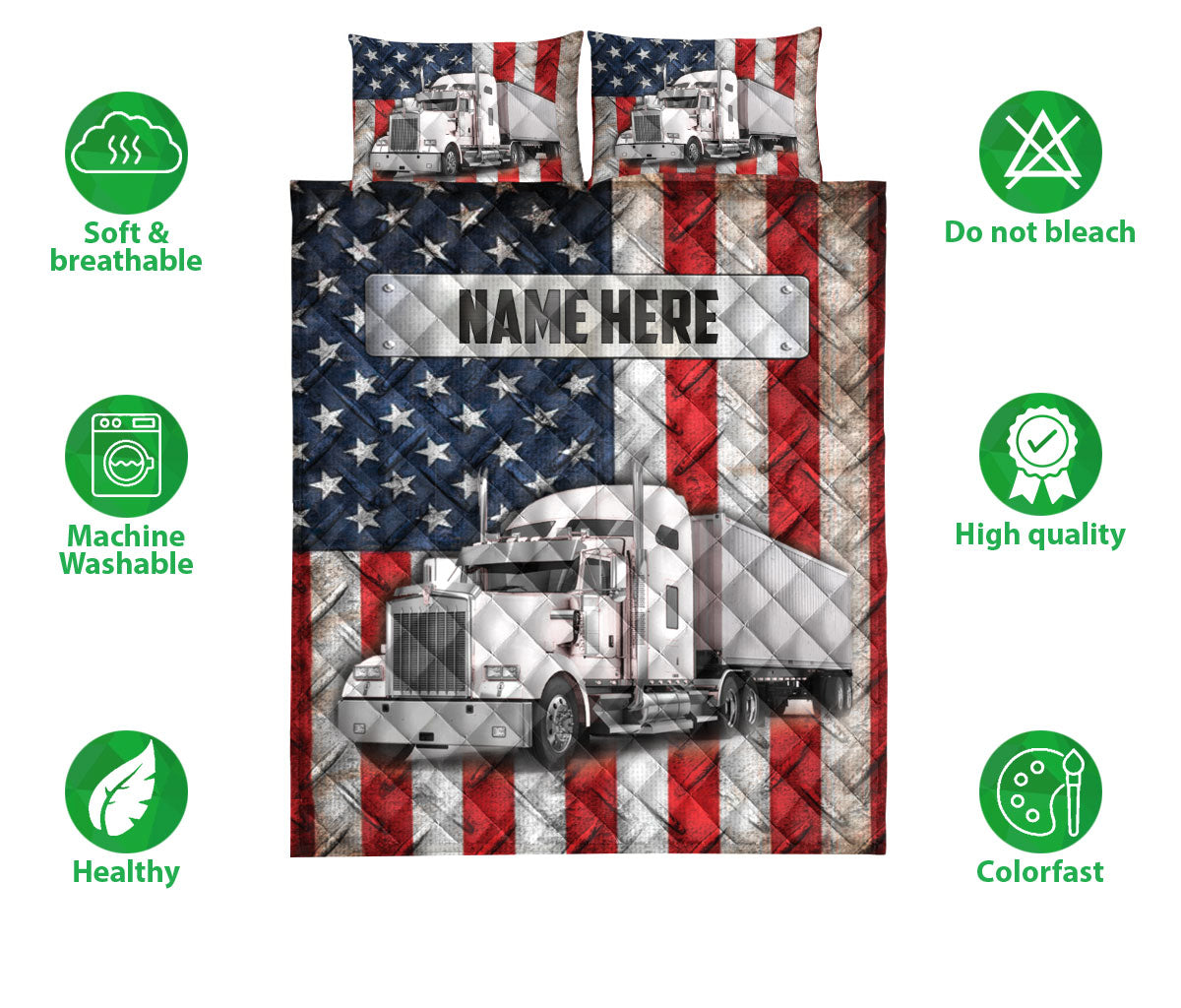 Ohaprints-Quilt-Bed-Set-Pillowcase-White-Trucker-Us-Flag-Truck-Driver-Gift-Custom-Personalized-Name-Blanket-Bedspread-Bedding-3578-Double (70'' x 80'')