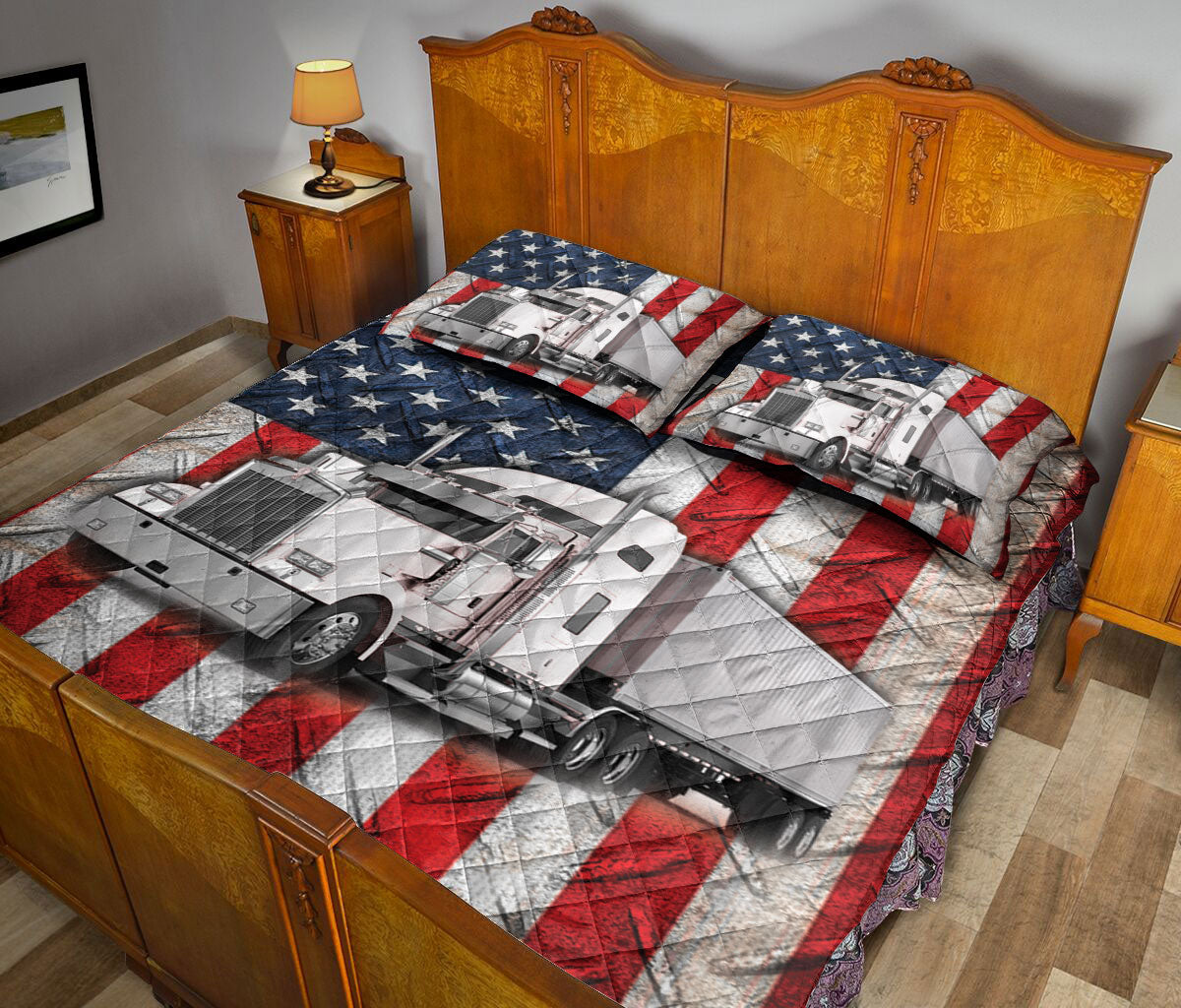 Ohaprints-Quilt-Bed-Set-Pillowcase-White-Trucker-Us-Flag-Truck-Driver-Gift-Custom-Personalized-Name-Blanket-Bedspread-Bedding-3578-King (90'' x 100'')