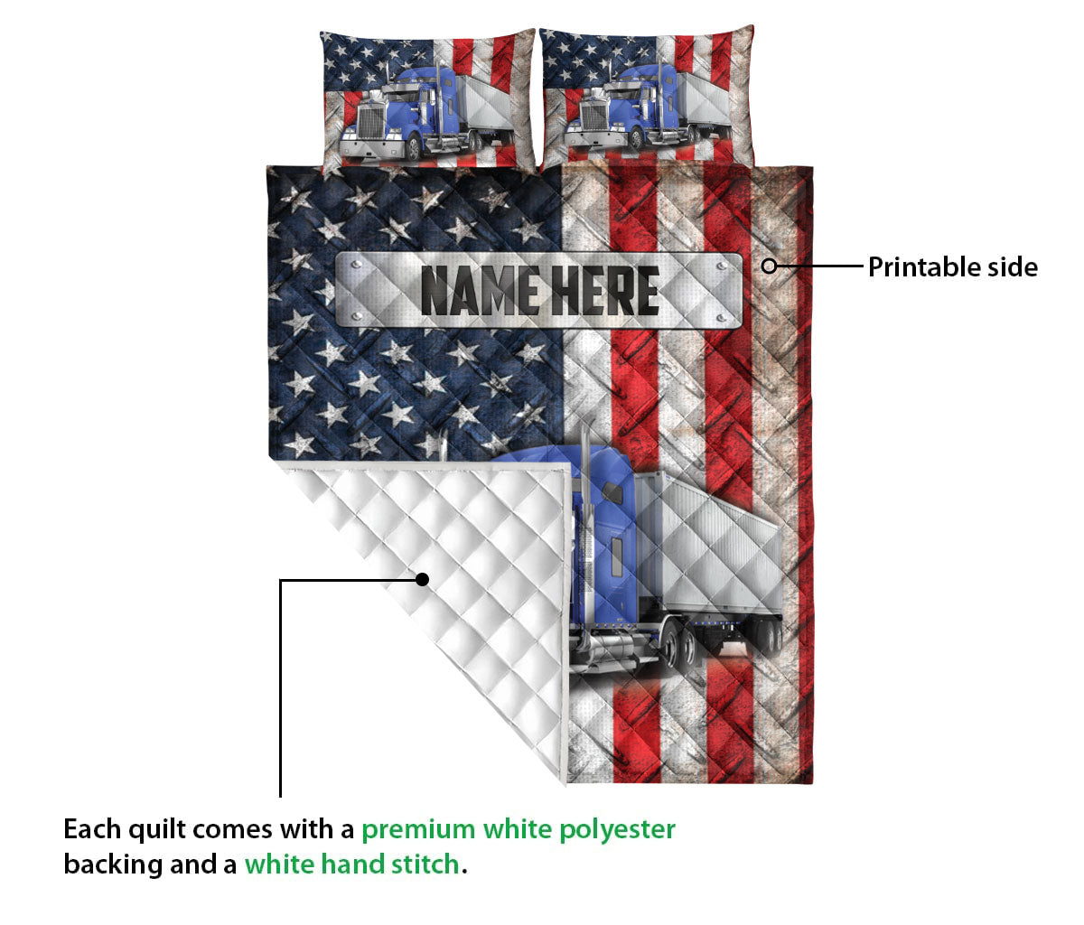 Ohaprints-Quilt-Bed-Set-Pillowcase-Blue-Trucker-Us-Flag-Truck-Driver-Gift-Custom-Personalized-Name-Blanket-Bedspread-Bedding-3579-Queen (80'' x 90'')