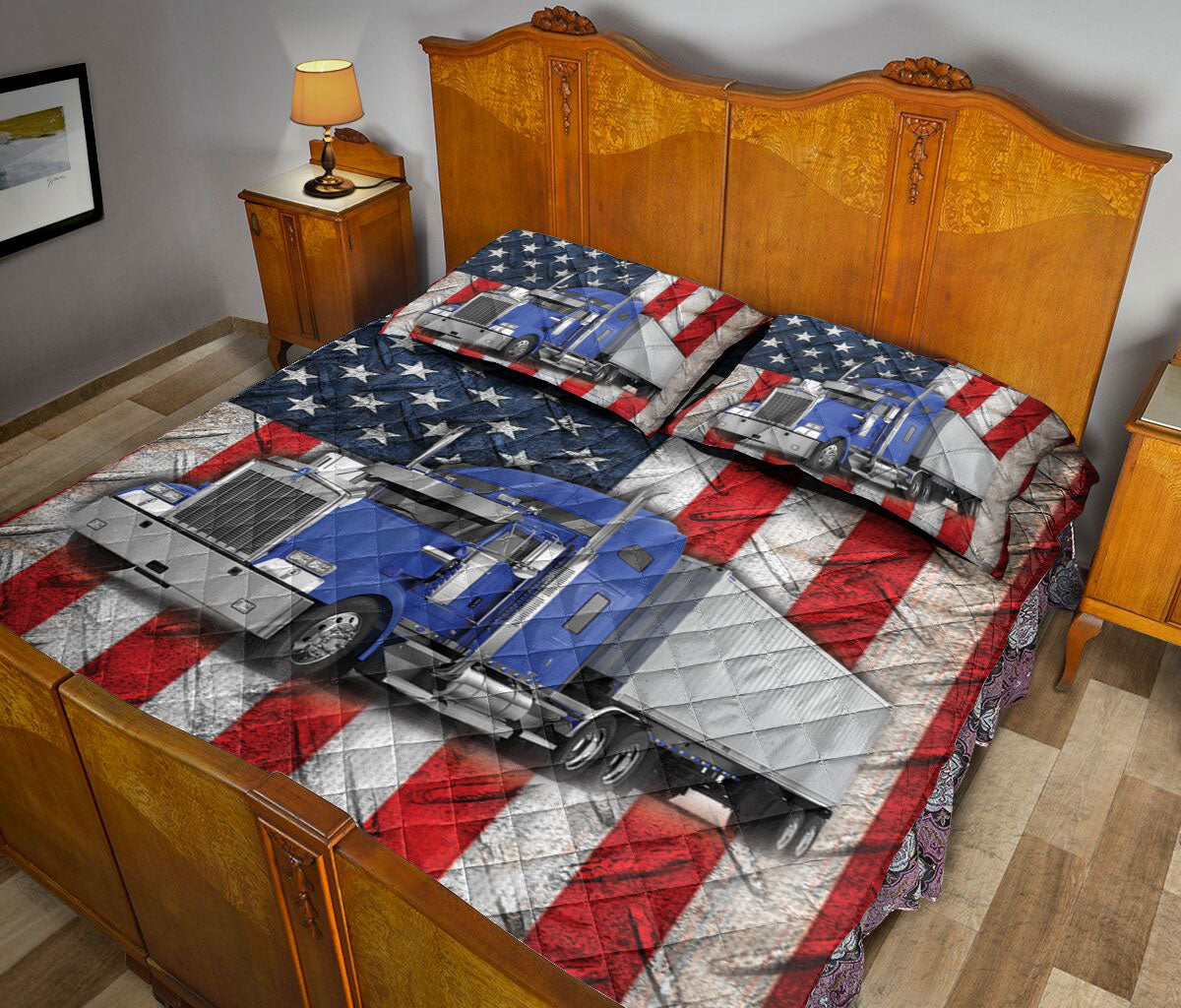 Ohaprints-Quilt-Bed-Set-Pillowcase-Blue-Trucker-Us-Flag-Truck-Driver-Gift-Custom-Personalized-Name-Blanket-Bedspread-Bedding-3579-King (90'' x 100'')