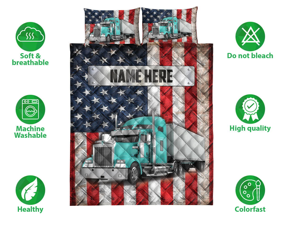 Ohaprints-Quilt-Bed-Set-Pillowcase-Cyan-Trucker-Us-Flag-Truck-Driver-Gift-Custom-Personalized-Name-Blanket-Bedspread-Bedding-3580-Double (70'' x 80'')