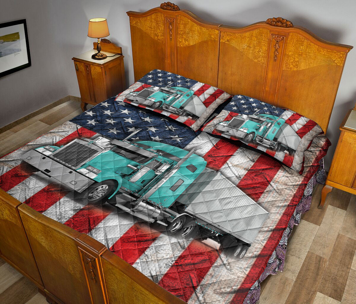 Ohaprints-Quilt-Bed-Set-Pillowcase-Cyan-Trucker-Us-Flag-Truck-Driver-Gift-Custom-Personalized-Name-Blanket-Bedspread-Bedding-3580-King (90'' x 100'')