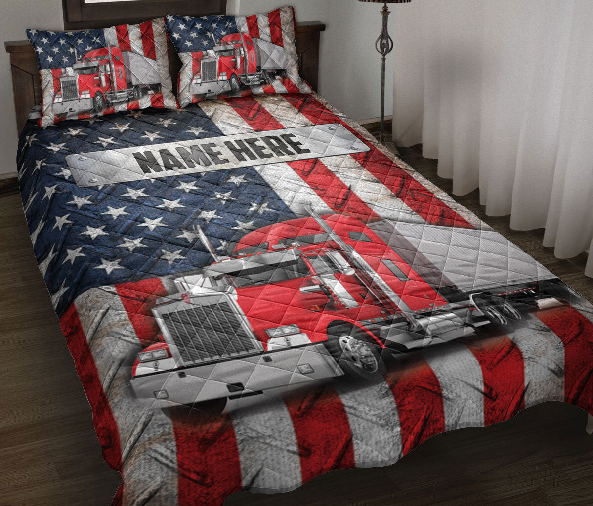 Ohaprints-Quilt-Bed-Set-Pillowcase-Red-Trucker-Us-Flag-Truck-Driver-Gift-Custom-Personalized-Name-Blanket-Bedspread-Bedding-3581-Throw (55'' x 60'')