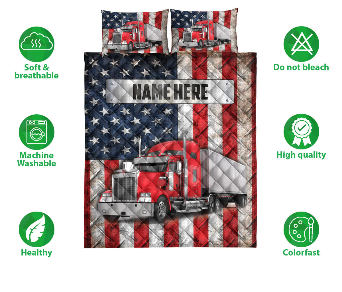 Ohaprints-Quilt-Bed-Set-Pillowcase-Red-Trucker-Us-Flag-Truck-Driver-Gift-Custom-Personalized-Name-Blanket-Bedspread-Bedding-3581-Double (70'' x 80'')