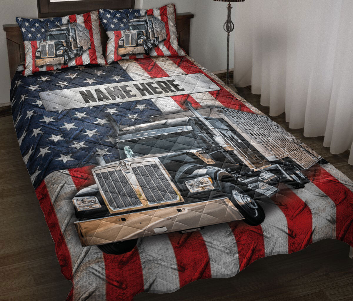 Ohaprints-Quilt-Bed-Set-Pillowcase-Black-Trucker-Vintage-Us-Flag-Truck-Driver-Custom-Personalized-Name-Blanket-Bedspread-Bedding-3582-Throw (55'' x 60'')