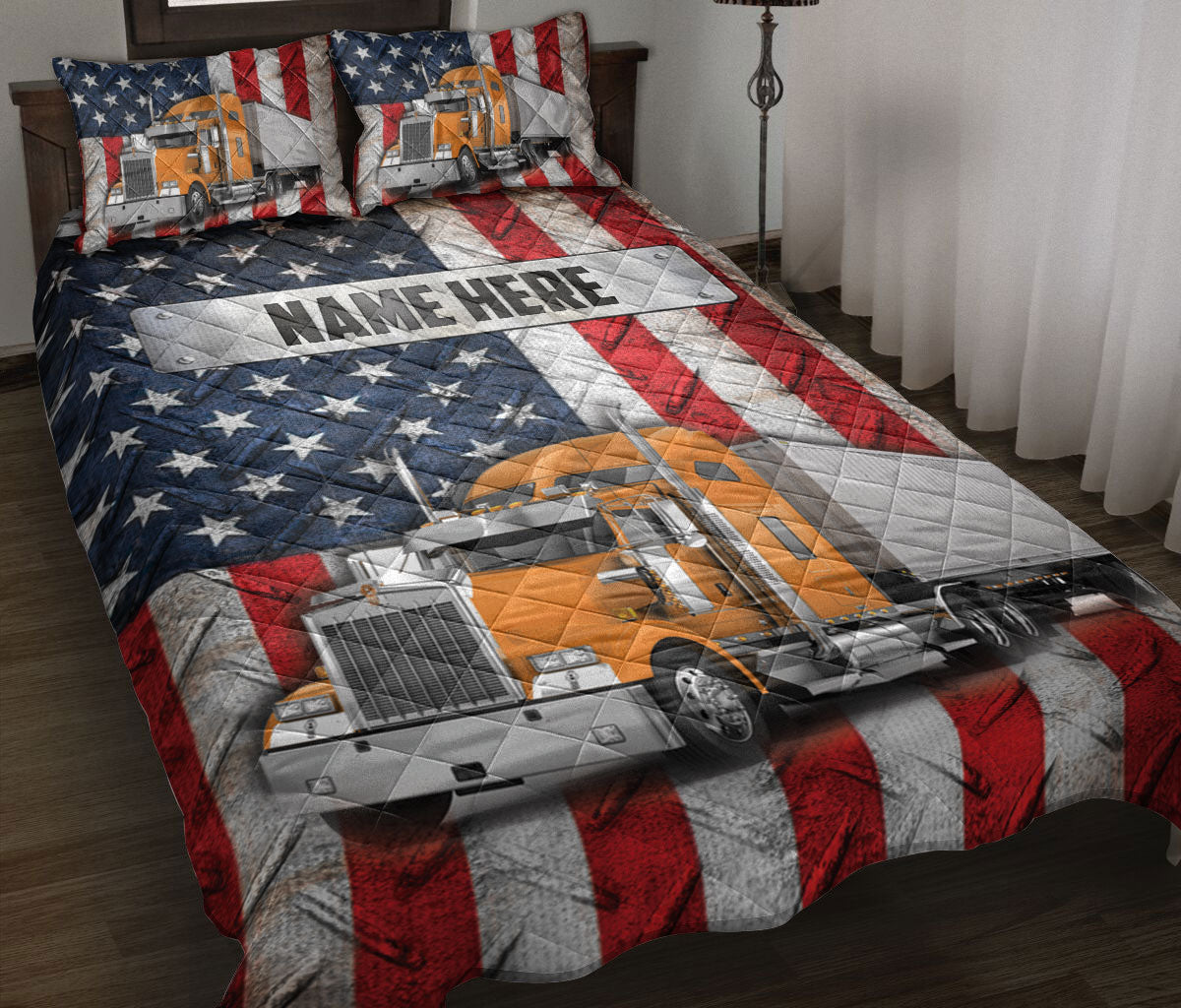 Ohaprints-Quilt-Bed-Set-Pillowcase-Orange-Trucker-Us-Flag-Truck-Driver-Gift-Custom-Personalized-Name-Blanket-Bedspread-Bedding-3583-Throw (55'' x 60'')