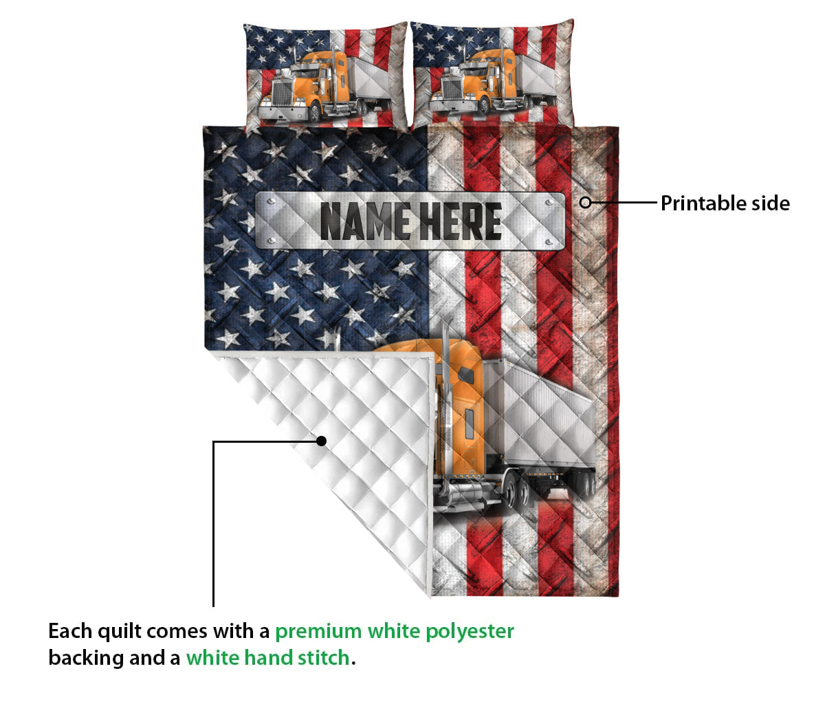 Ohaprints-Quilt-Bed-Set-Pillowcase-Orange-Trucker-Us-Flag-Truck-Driver-Gift-Custom-Personalized-Name-Blanket-Bedspread-Bedding-3583-Queen (80'' x 90'')