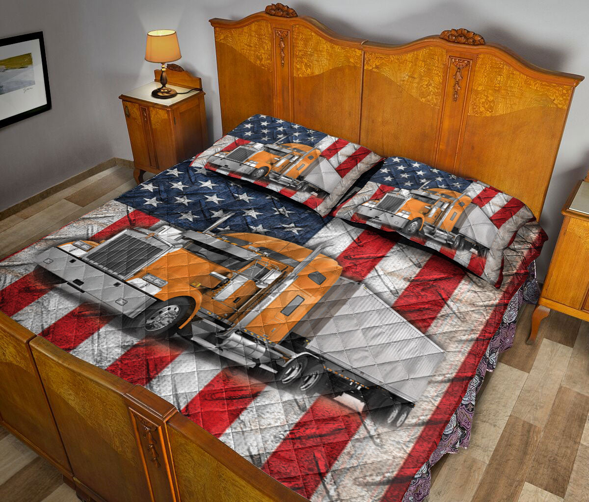 Ohaprints-Quilt-Bed-Set-Pillowcase-Orange-Trucker-Us-Flag-Truck-Driver-Gift-Custom-Personalized-Name-Blanket-Bedspread-Bedding-3583-King (90'' x 100'')