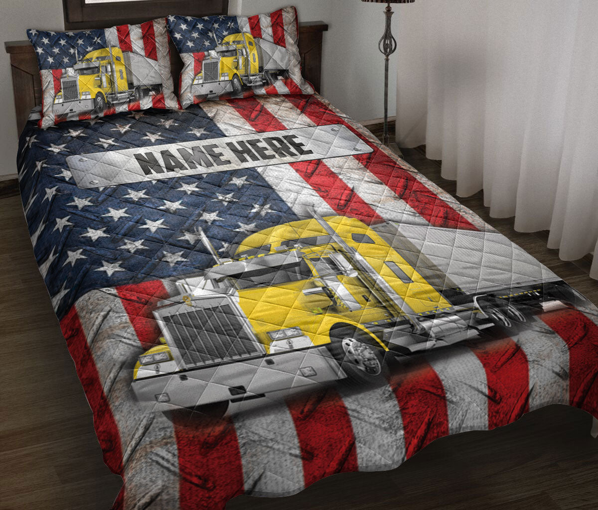 Ohaprints-Quilt-Bed-Set-Pillowcase-Yellow-Trucker-Us-Flag-Truck-Driver-Gift-Custom-Personalized-Name-Blanket-Bedspread-Bedding-3585-Throw (55'' x 60'')