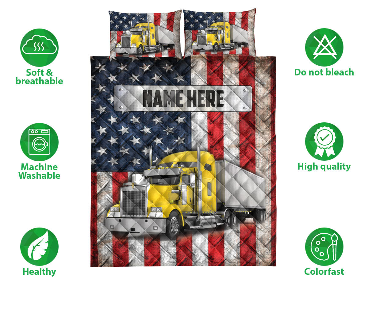 Ohaprints-Quilt-Bed-Set-Pillowcase-Yellow-Trucker-Us-Flag-Truck-Driver-Gift-Custom-Personalized-Name-Blanket-Bedspread-Bedding-3585-Double (70'' x 80'')