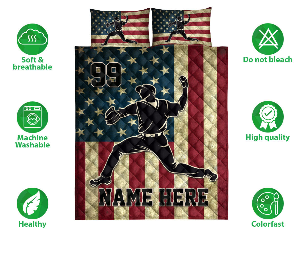 Ohaprints-Quilt-Bed-Set-Pillowcase-Baseball-Player-Pitcher-American-Flag-Vintage-Custom-Personalized-Name-Blanket-Bedspread-Bedding-3181-Double (70'' x 80'')