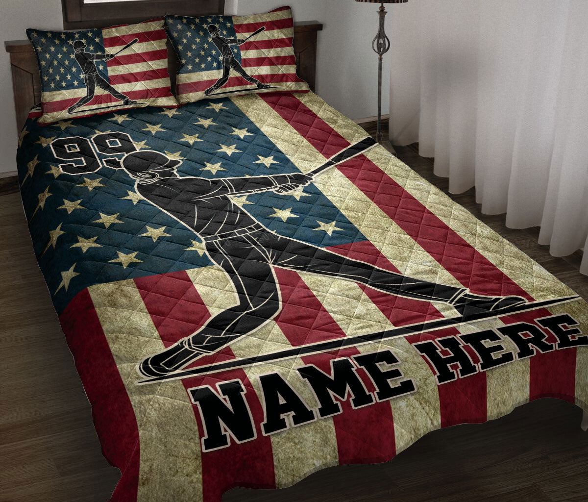 Ohaprints-Quilt-Bed-Set-Pillowcase-Baseball-Player-Batter-American-Flag-Vintage-Custom-Personalized-Name-Blanket-Bedspread-Bedding-3182-Throw (55'' x 60'')