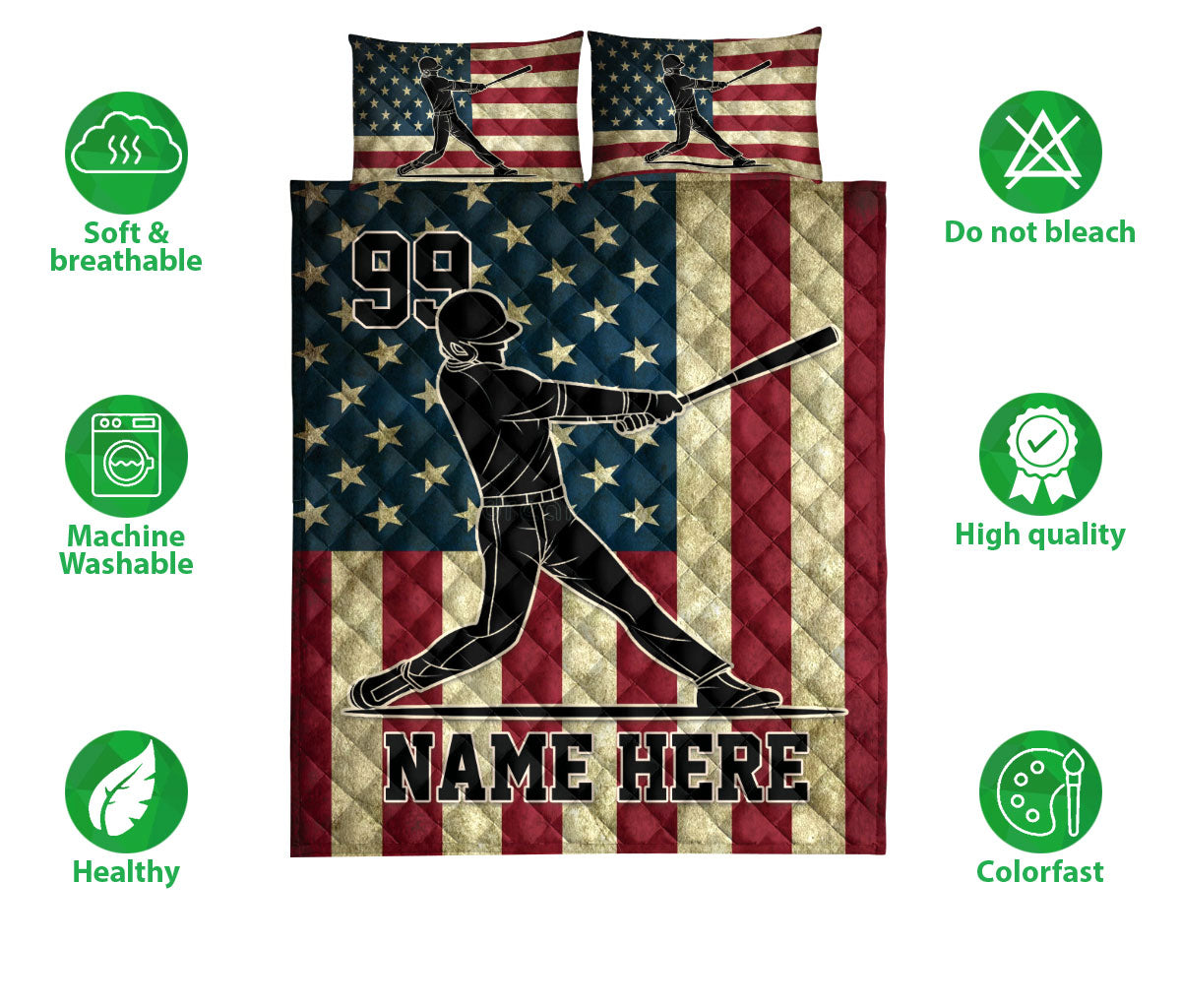 Ohaprints-Quilt-Bed-Set-Pillowcase-Baseball-Player-Batter-American-Flag-Vintage-Custom-Personalized-Name-Blanket-Bedspread-Bedding-3182-Double (70'' x 80'')