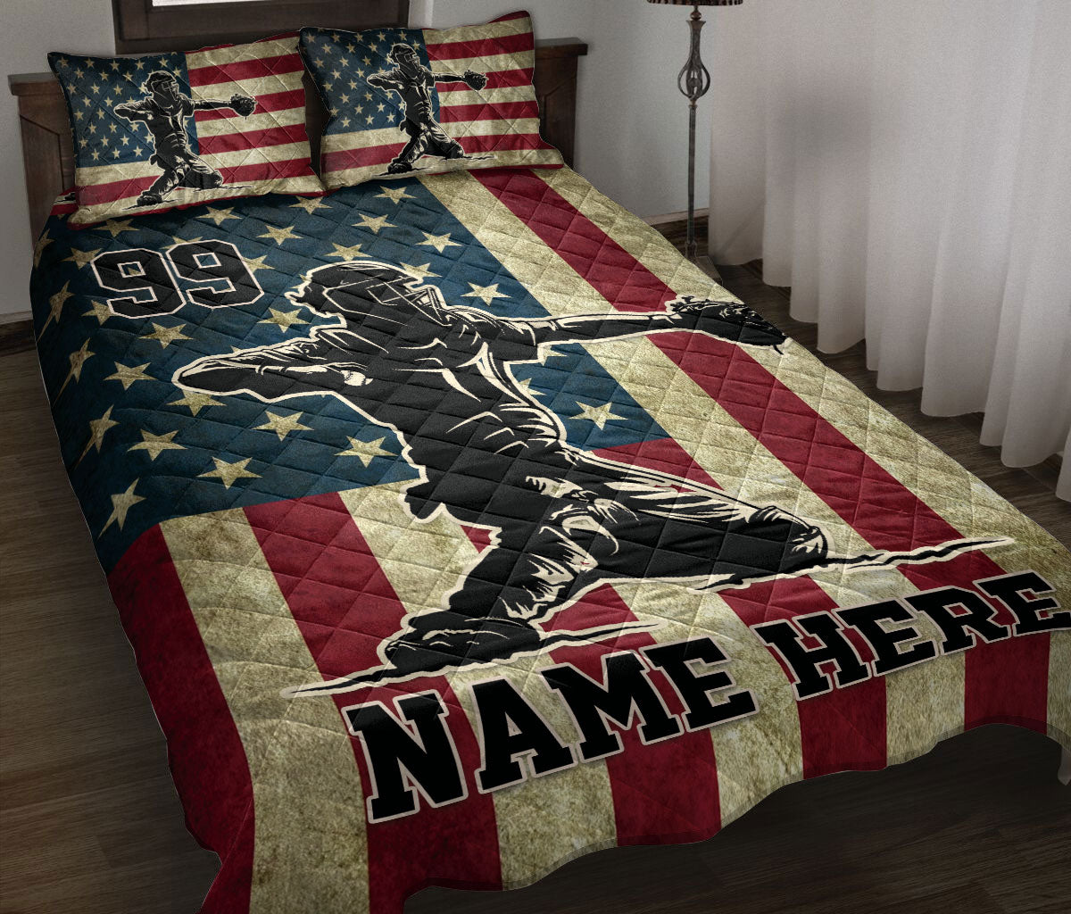 Ohaprints-Quilt-Bed-Set-Pillowcase-Baseball-Player-Catcher-American-Flag-Vintage-Custom-Personalized-Name-Blanket-Bedspread-Bedding-3183-Throw (55'' x 60'')