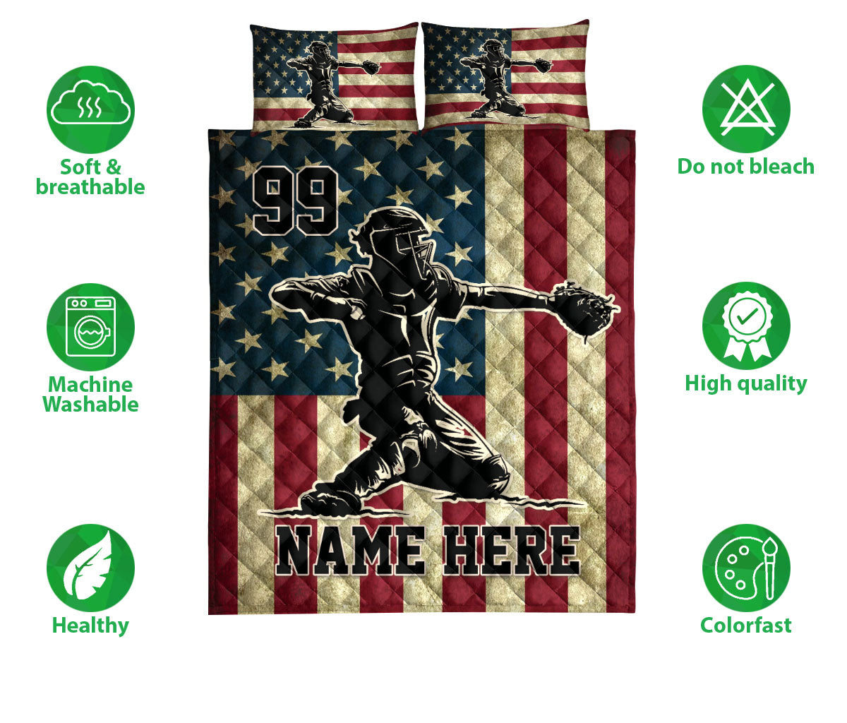Ohaprints-Quilt-Bed-Set-Pillowcase-Baseball-Player-Catcher-American-Flag-Vintage-Custom-Personalized-Name-Blanket-Bedspread-Bedding-3183-Double (70'' x 80'')