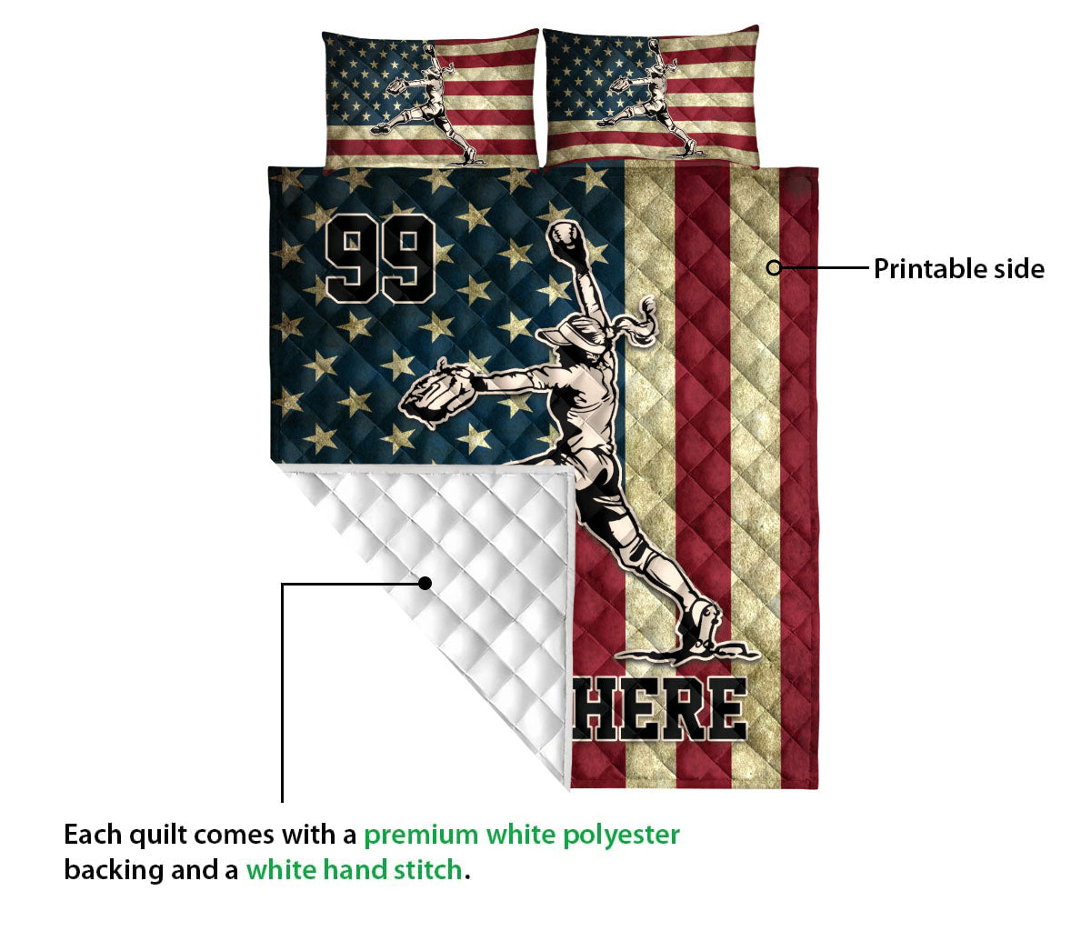 Ohaprints-Quilt-Bed-Set-Pillowcase-Softball-Player-Pitcher-American-Flag-Vintage-Custom-Personalized-Name-Blanket-Bedspread-Bedding-3079-Queen (80'' x 90'')