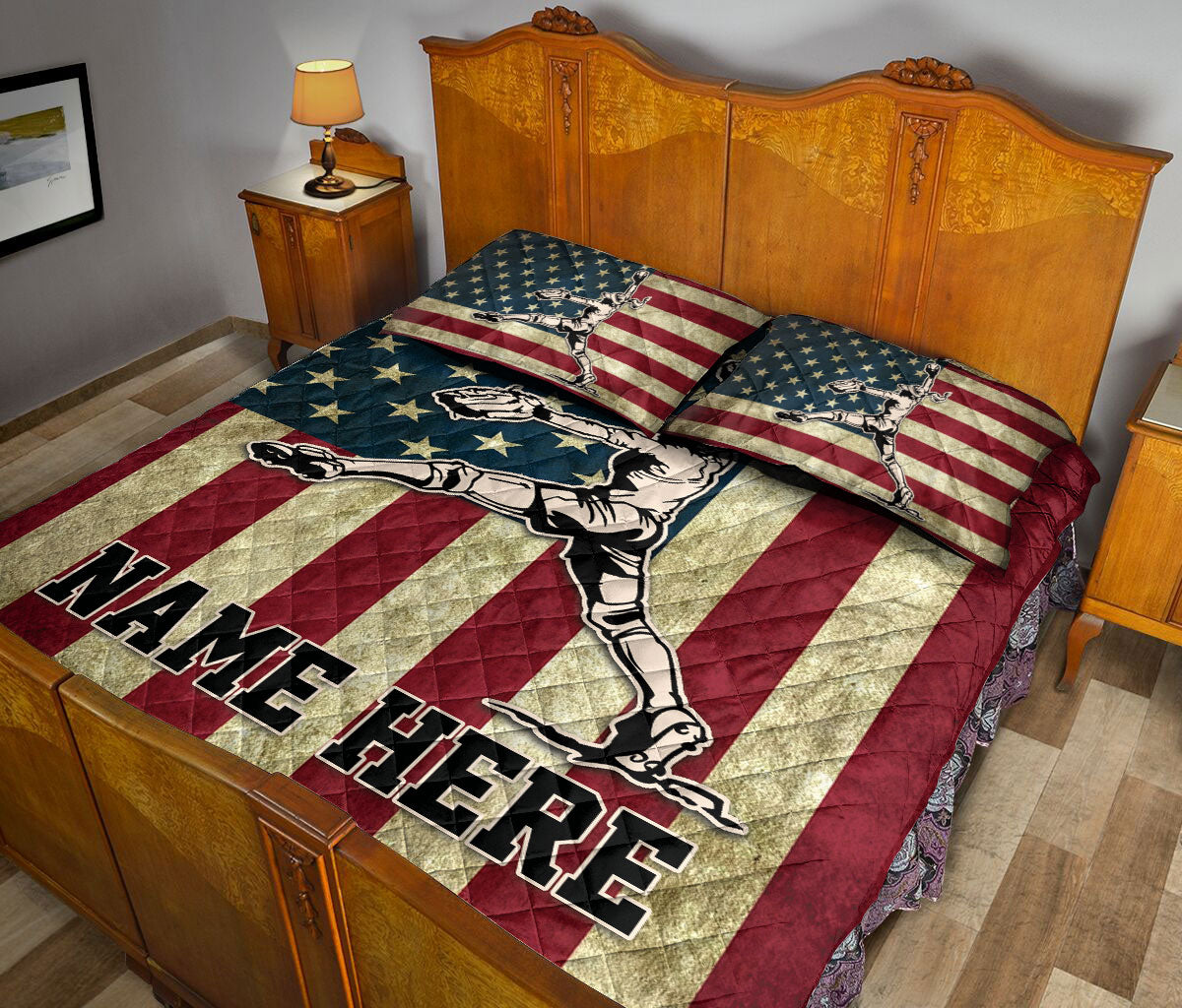 Ohaprints-Quilt-Bed-Set-Pillowcase-Softball-Player-Pitcher-American-Flag-Vintage-Custom-Personalized-Name-Blanket-Bedspread-Bedding-3079-King (90'' x 100'')