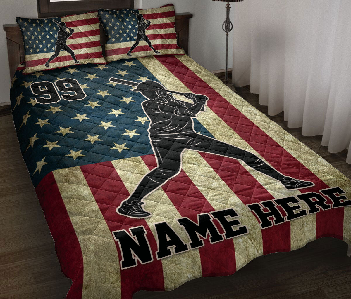 Ohaprints-Quilt-Bed-Set-Pillowcase-Softball-Player-Batter-American-Flag-Vintage-Custom-Personalized-Name-Blanket-Bedspread-Bedding-3080-Throw (55'' x 60'')