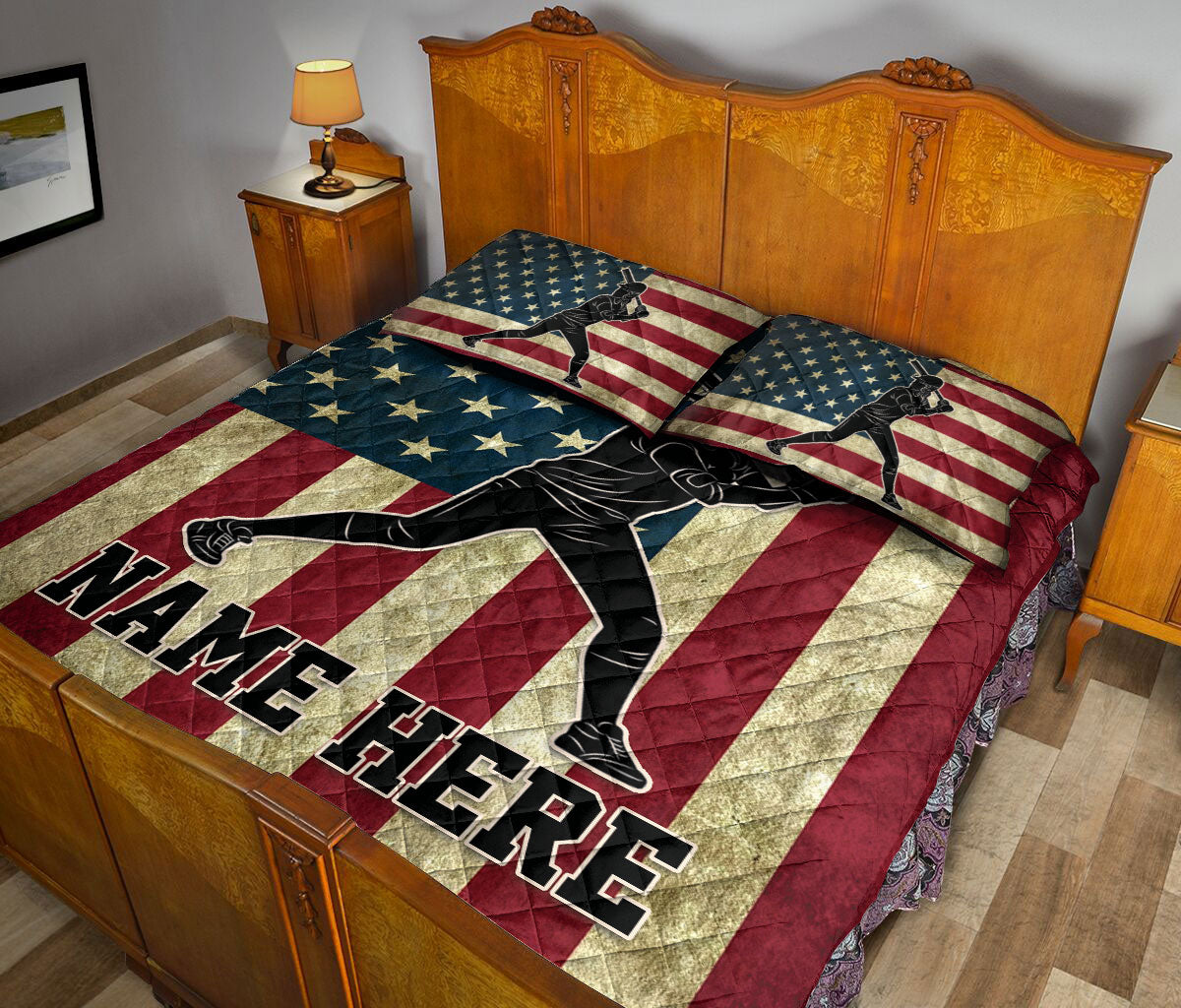 Ohaprints-Quilt-Bed-Set-Pillowcase-Softball-Player-Batter-American-Flag-Vintage-Custom-Personalized-Name-Blanket-Bedspread-Bedding-3080-King (90'' x 100'')