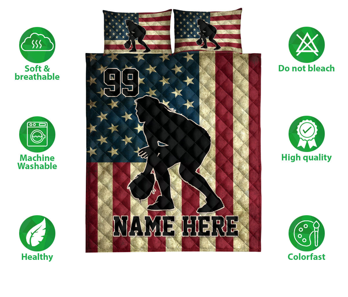 Ohaprints-Quilt-Bed-Set-Pillowcase-Softball-Player-Catcher-American-Flag-Vintage-Custom-Personalized-Name-Blanket-Bedspread-Bedding-3081-Double (70'' x 80'')