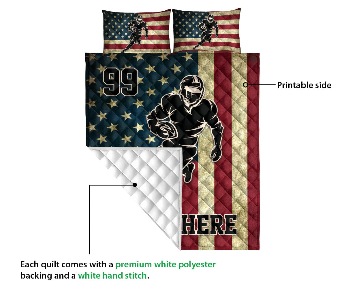 Ohaprints-Quilt-Bed-Set-Pillowcase-Football-Player-Position-American-Flag-Vintage-Custom-Personalized-Name-Blanket-Bedspread-Bedding-3132-Queen (80'' x 90'')