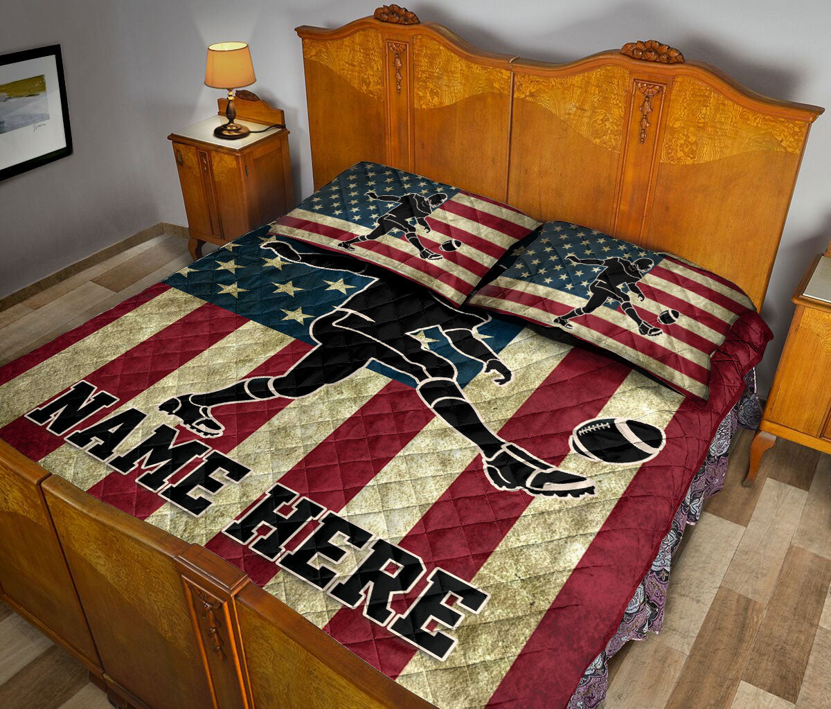 Ohaprints-Quilt-Bed-Set-Pillowcase-American-Football-Player-American-Flag-Vintage-Custom-Personalized-Name-Blanket-Bedspread-Bedding-3133-King (90'' x 100'')