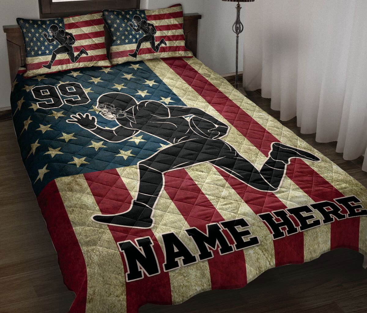 Ohaprints-Quilt-Bed-Set-Pillowcase-American-Football-Player-Position-Us-Flag-Vintage-Custom-Personalized-Name-Blanket-Bedspread-Bedding-3134-Throw (55'' x 60'')