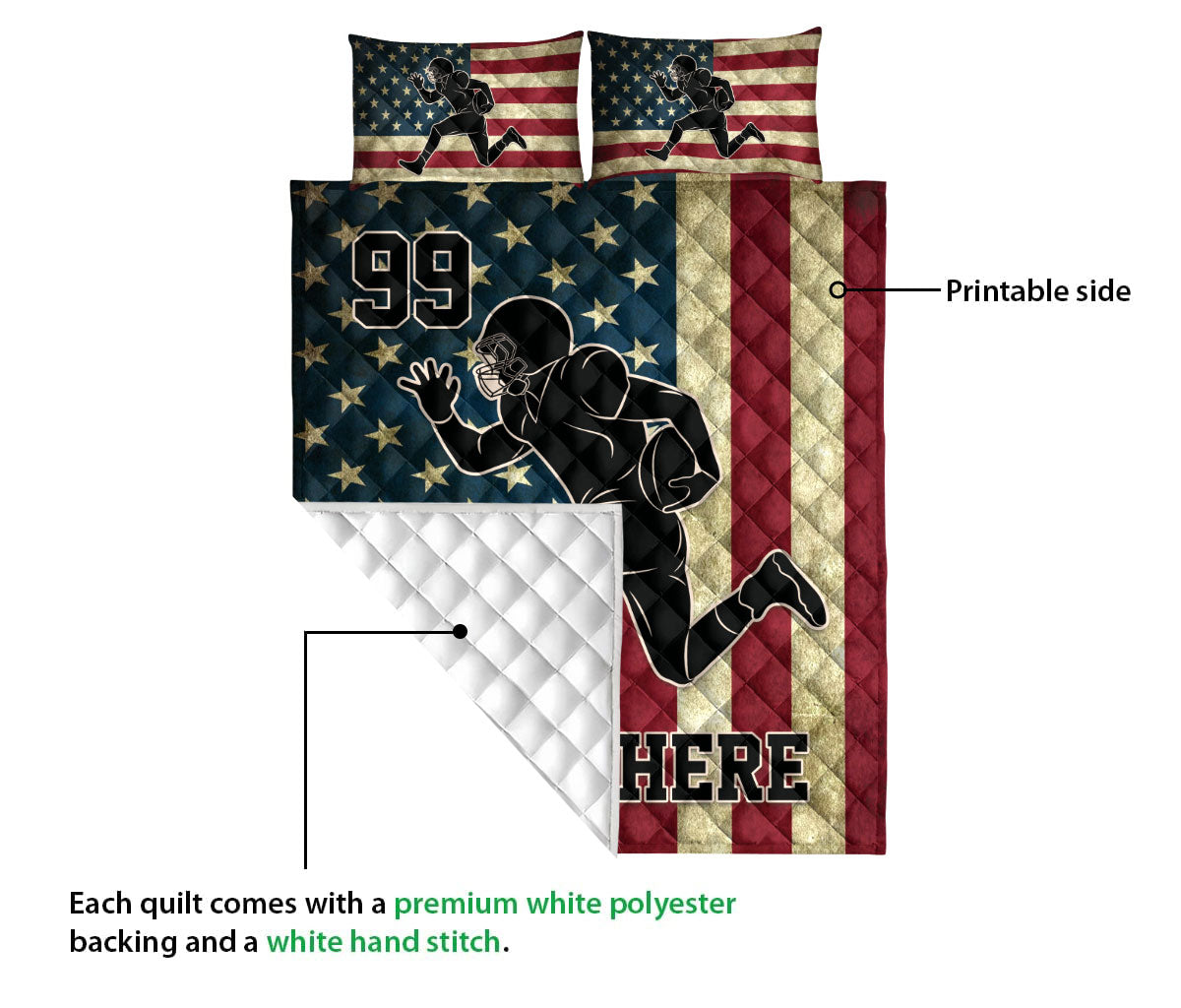 Ohaprints-Quilt-Bed-Set-Pillowcase-American-Football-Player-Position-Us-Flag-Vintage-Custom-Personalized-Name-Blanket-Bedspread-Bedding-3134-Queen (80'' x 90'')