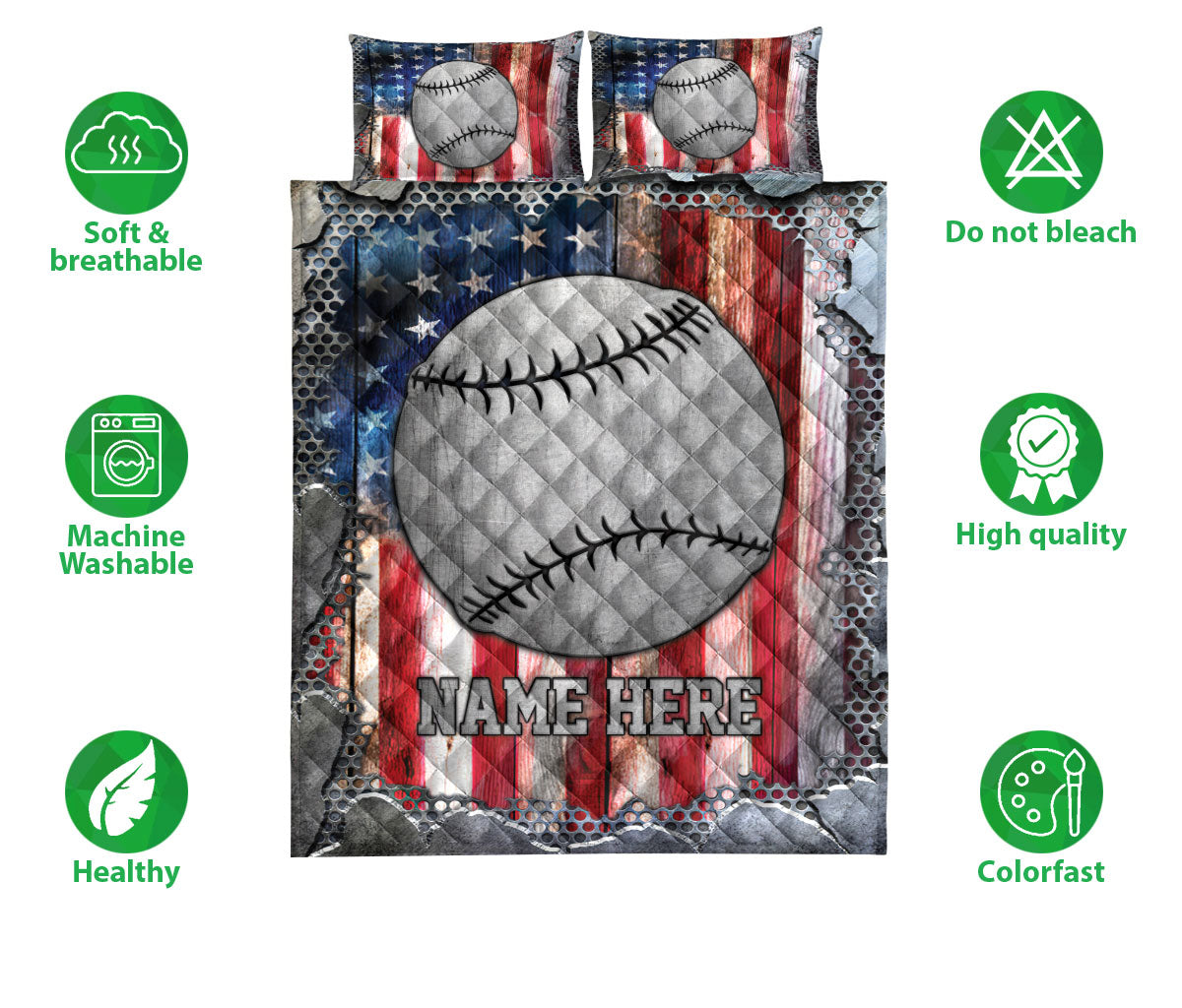 Ohaprints-Quilt-Bed-Set-Pillowcase-Softball-Ball-American-Flag-Crack-Metal-Custom-Personalized-Name-Blanket-Bedspread-Bedding-3088-Double (70'' x 80'')