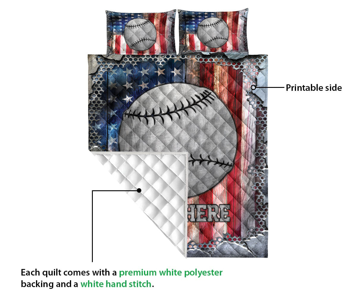 Ohaprints-Quilt-Bed-Set-Pillowcase-Softball-Ball-American-Flag-Crack-Metal-Custom-Personalized-Name-Blanket-Bedspread-Bedding-3088-Queen (80'' x 90'')