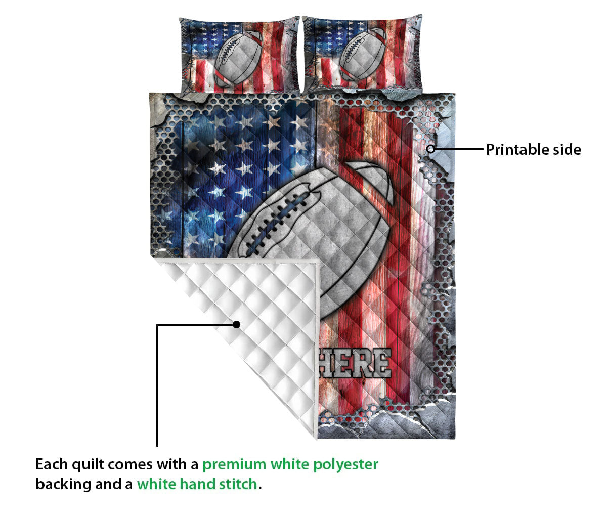 Ohaprints-Quilt-Bed-Set-Pillowcase-American-Football-Ball-American-Flag-Crack-Metal-Custom-Personalized-Name-Blanket-Bedspread-Bedding-3137-Queen (80'' x 90'')