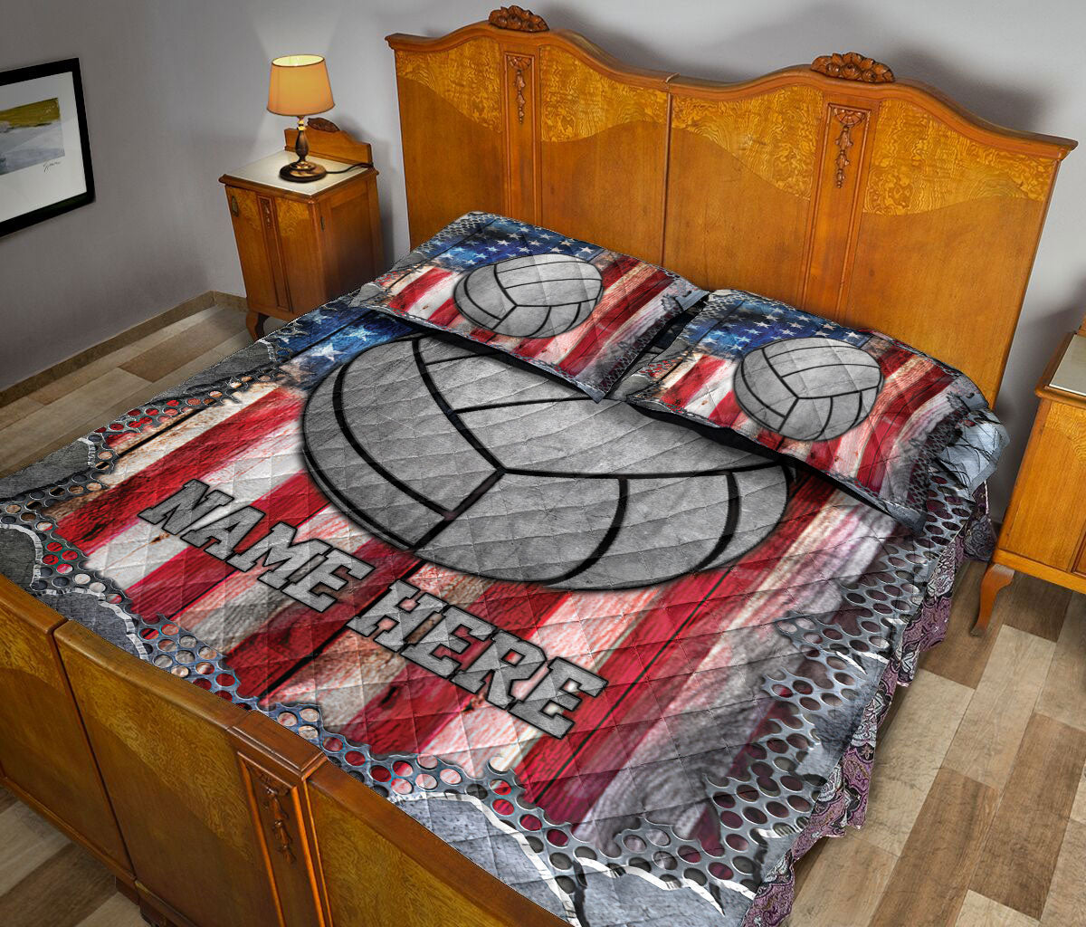 Ohaprints-Quilt-Bed-Set-Pillowcase-Volleyball-Ball-American-Flag-Crack-Metal-Custom-Personalized-Name-Blanket-Bedspread-Bedding-3422-King (90'' x 100'')