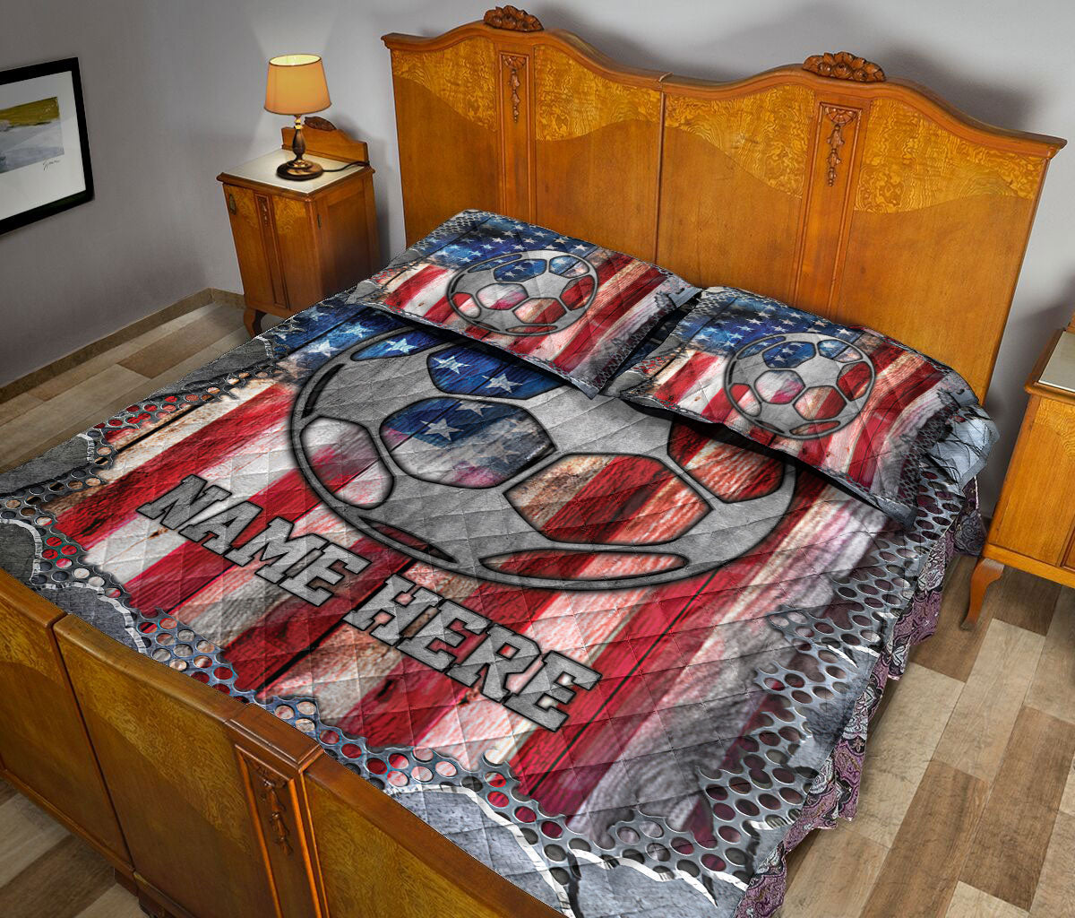 Ohaprints-Quilt-Bed-Set-Pillowcase-Soccer-Ball-American-Flag-Crack-Metal-Custom-Personalized-Name-Blanket-Bedspread-Bedding-3371-King (90'' x 100'')